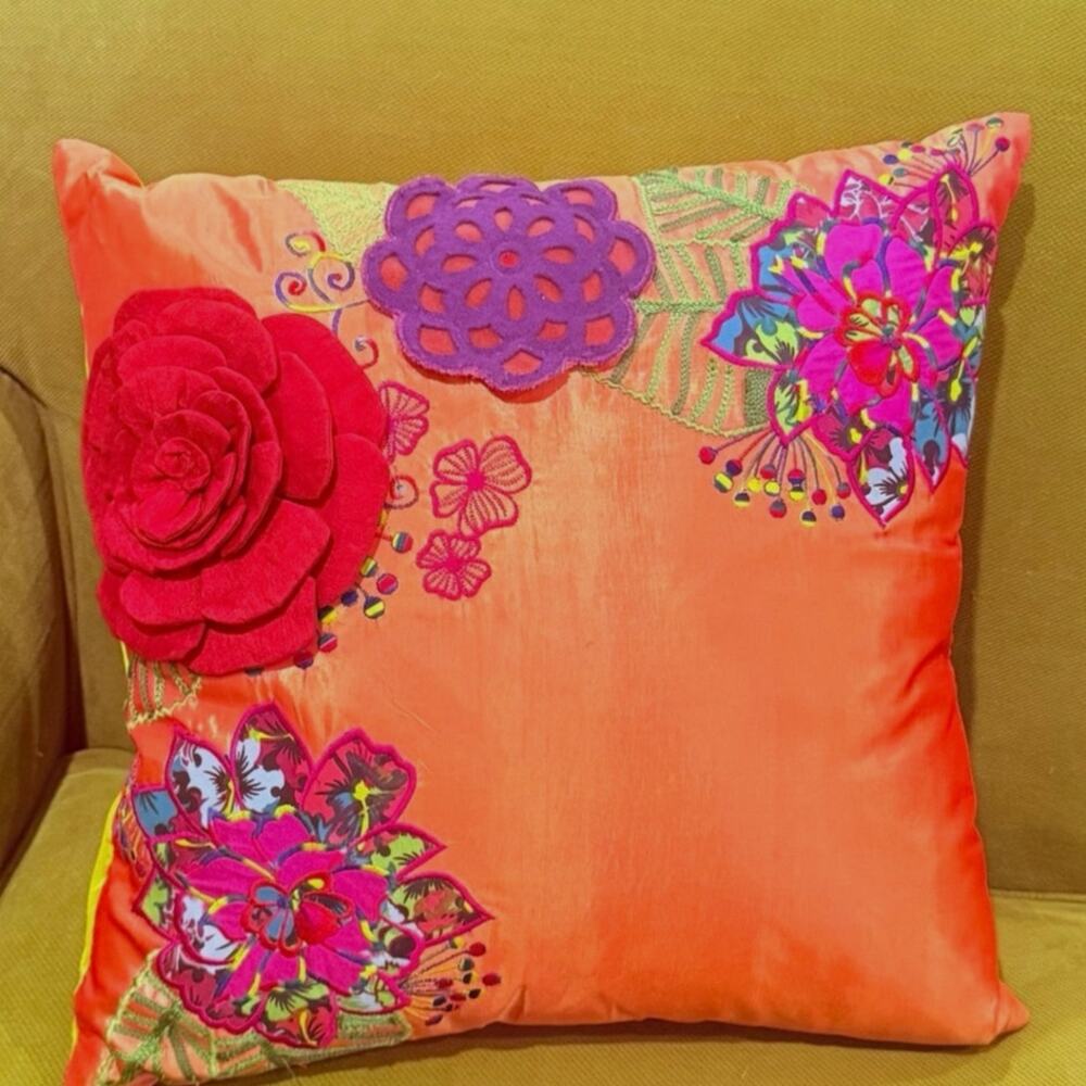 Pier One Pillow 16" Square Felt Embroider Flowers Orange Yellow Multi Vibrant